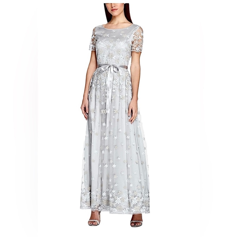Tahari Silver Lace Floral Evening Gown size 6